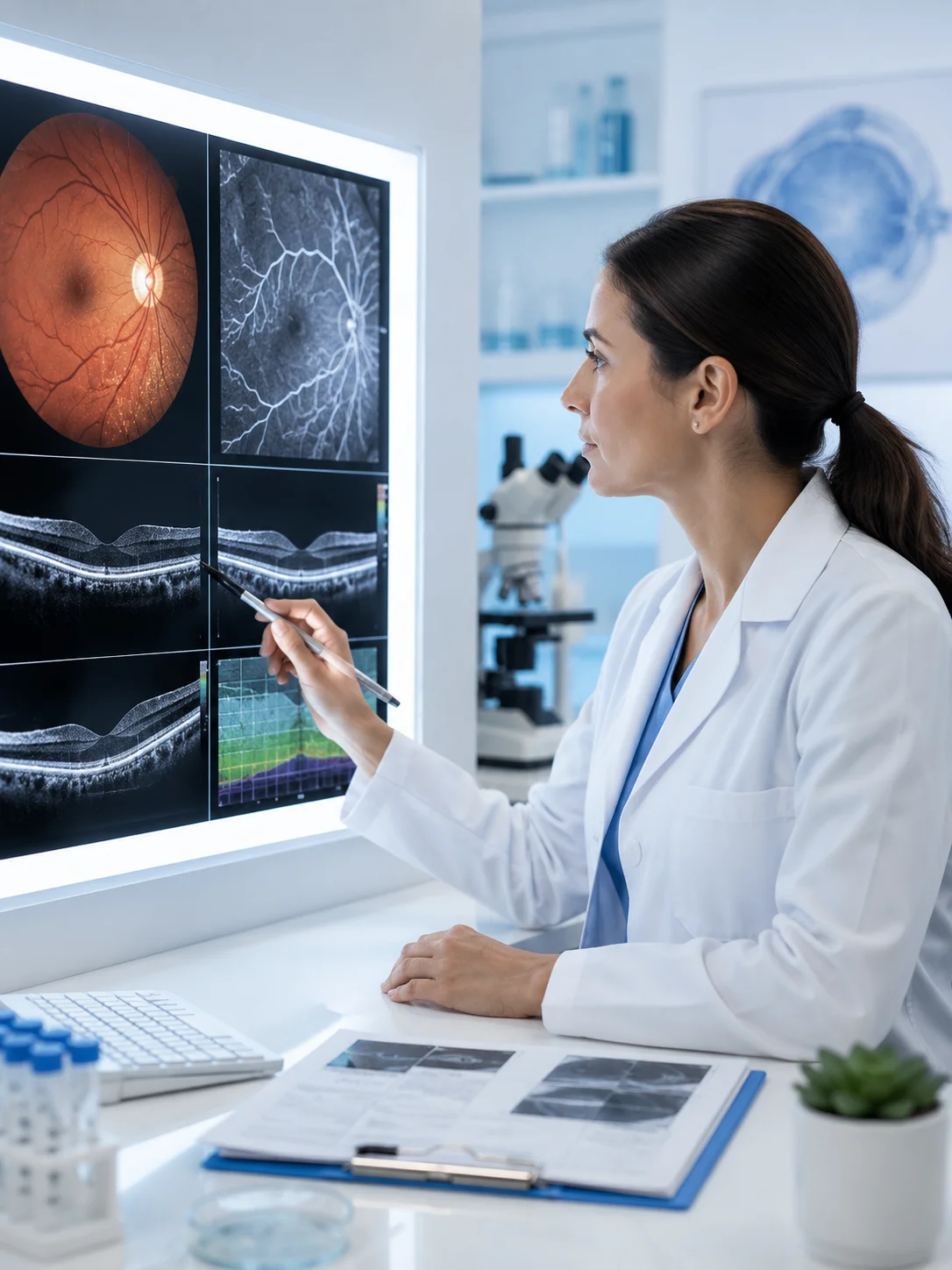 Clinician in a white coat reviewing retinal images on an illuminated display, including fundus photographs, a fluorescein angiogram and OCT scans