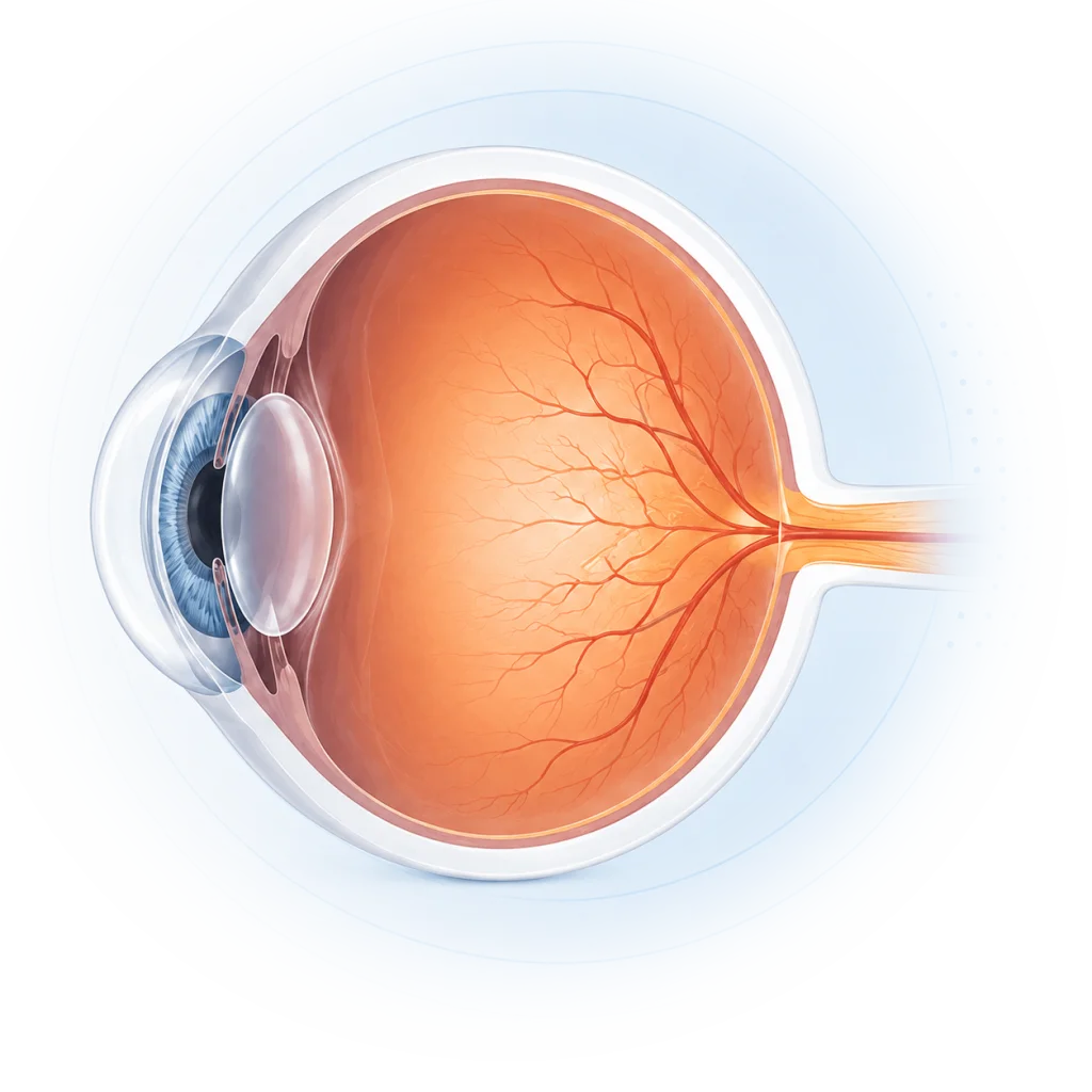 Cutaway illustration of the eye showing the macula and the branching vessels of the retina